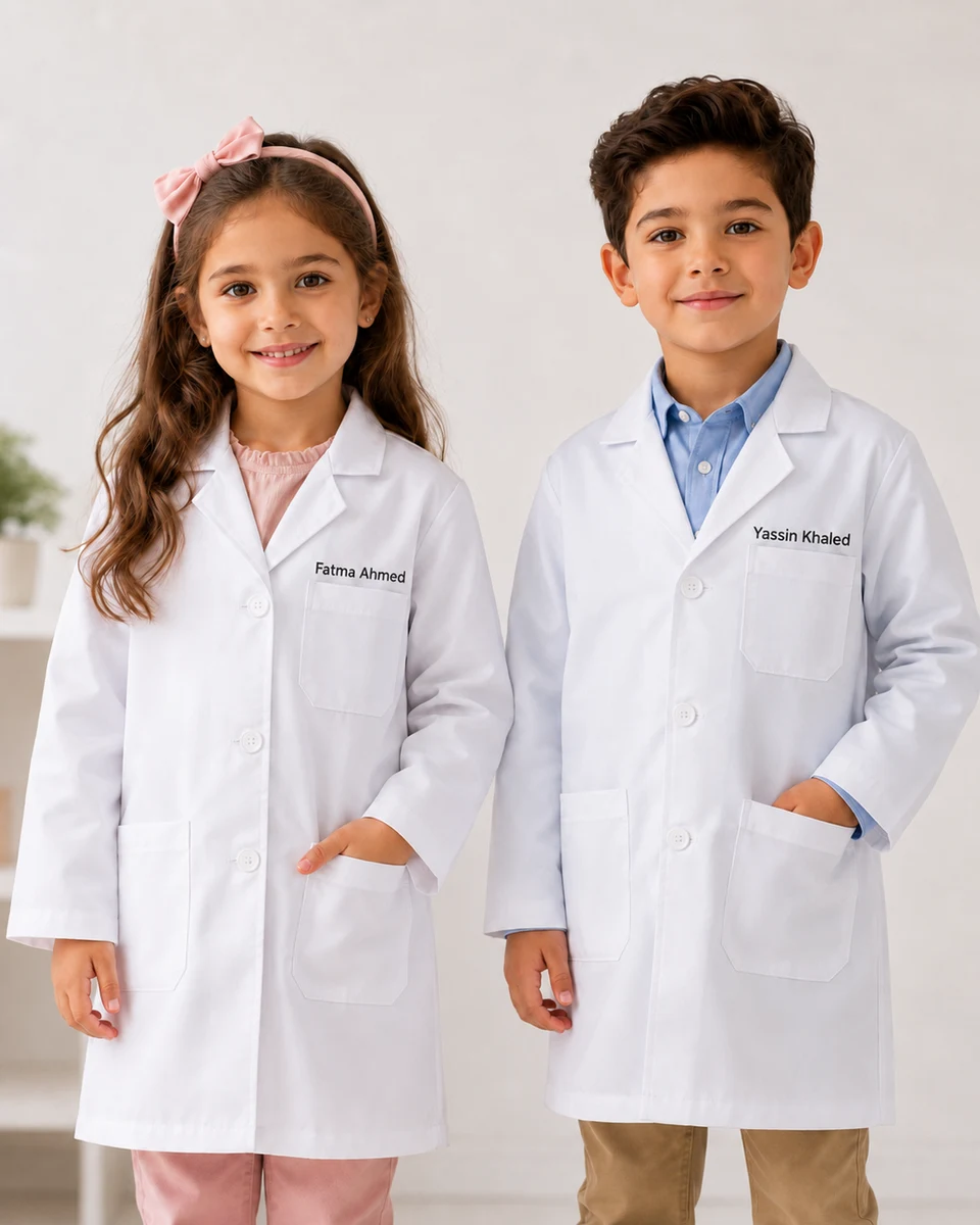 Two children in white lab coats, each with their name labelled on the chest pocket