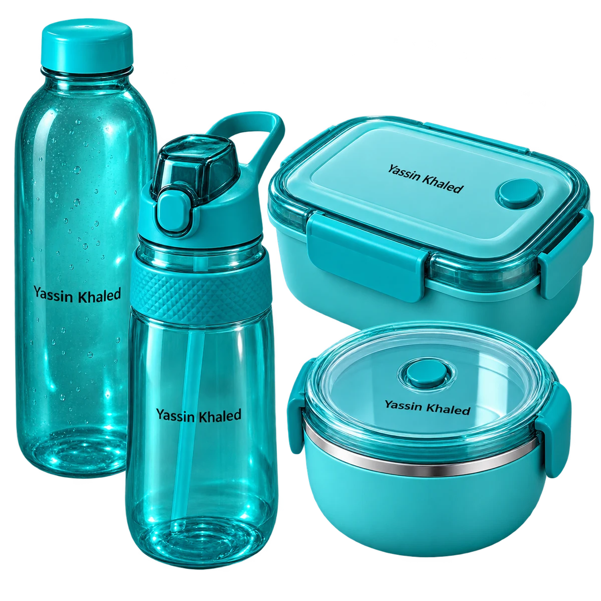 Waterproof name labels shown on a bottle, sports bottle and two lunch containers